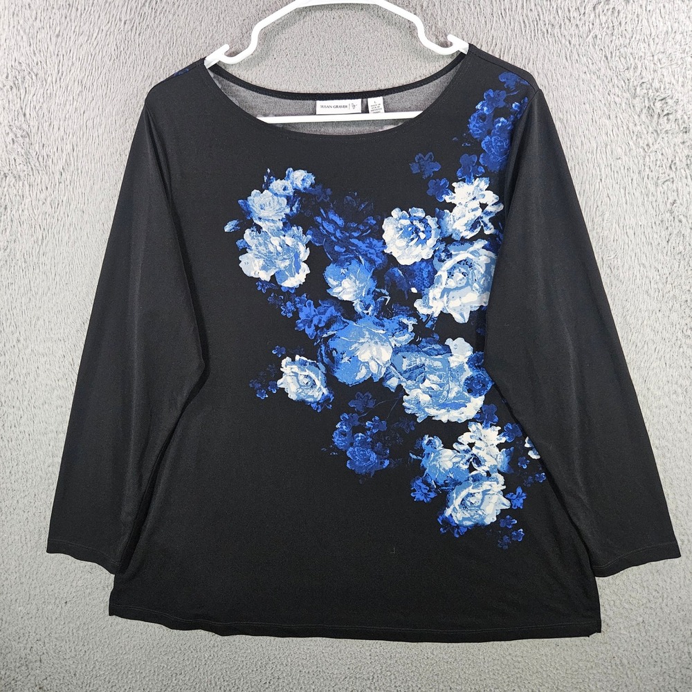 Susan Graver Liquid Knit Floral Top Black Blue White Long Sleeve Scoop Neck L